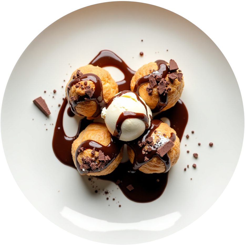 Profiteroles au chocolat et glace vanille